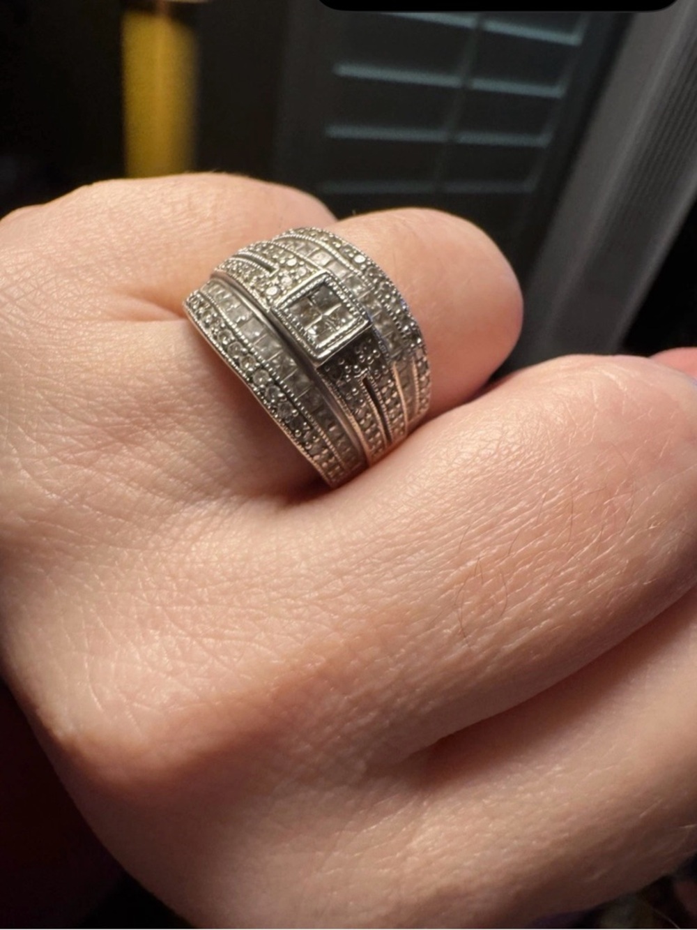 14 k white gold , vintage, diamonds Multi-Row Halo Ring with Square Center